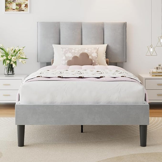 VECELO Twin Size Bed Frame with Upholstered Headboard, Heavy-Duty Bedframe with Wooden Slats & Steel Framework, Easy Assembly, Light Grey