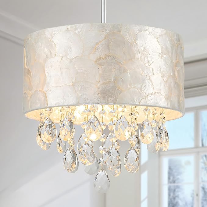Small 3-Light Drum Capiz Shell Crystal Chandeliers, Coastal Style Pendant Light Fixture for Dining Room, Living Room, D12 x H19~49"(Adjustable), Shell Lampshade & Chrome Finish