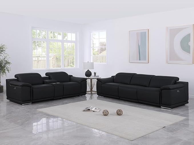 BlackJack Furniture Venice Top Grain Italian Leather Power Recline 6 Piece 5 Seater Sofa - 107" Theater Seating Modern Couch for Living Room Apartment with Adjustable Headrests & USB Port, Black