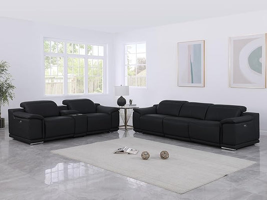 BlackJack Furniture Venice Top Grain Italian Leather Power Recline 6 Piece 5 Seater Sofa - 107" Theater Seating Modern Couch for Living Room Apartment with Adjustable Headrests & USB Port, Black