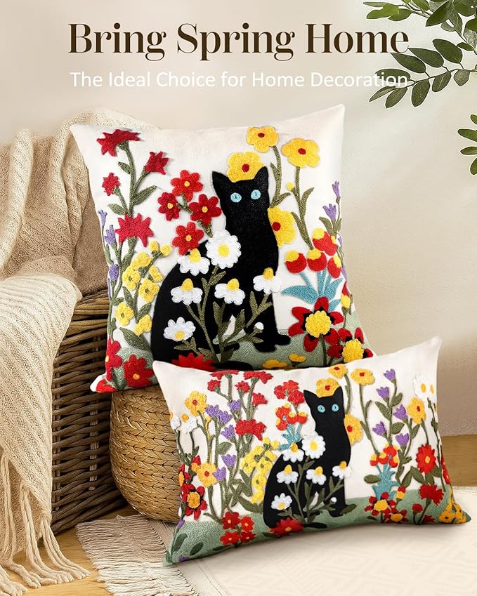 Embroidered Lumbar Pillow Cover - 20x12 Decorative Pillow Cover with Zipper Aesthetic Cute Design Boho Spring Summer Throw Pillowcase for Living Room Couch Sofa Bed, Flower Cats