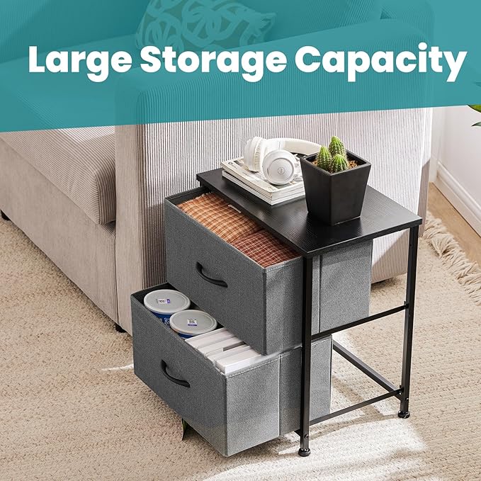 NEWBULIG Nightstand with 2 Fabric Drawers Small Dresser 25 Inch Tall Bedside Table End Table Storage Furniture for Bedroom Closet Entryway College Dorm Crey