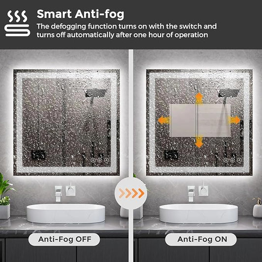 Simple Deluxe LED Bathroom Mirror 36x36 Inch Tempered Glass - Frameless LED Backlit Lighted Mirror for Bathroom Vanity with Anti-Fog, 3 Colors Dimmable, Memory Function, Wall-Mounted