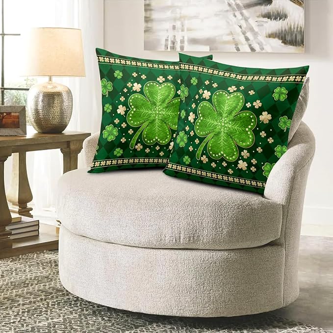 St Patricks Day Shamrock Throw Pillow Covers 24x24 Set of 2 Green Buffalo Plaid Check Lucky Clovers Outdoor Decorative Pillow Covers Spring Rustic Pillow Cases for Farmhouse Living Room Decor
