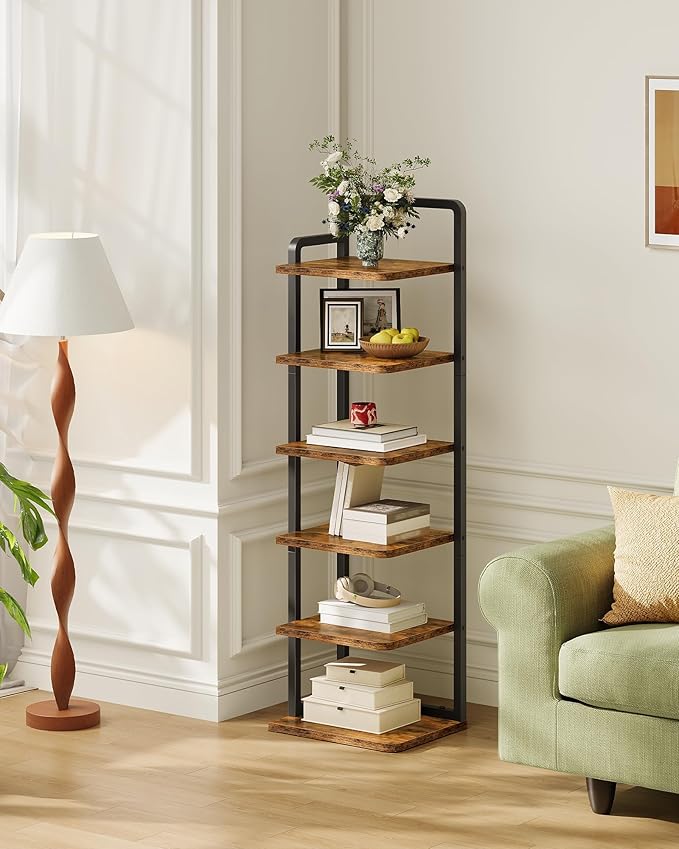 6-Tier Vertical Shoe Rack, Narrow Shoe Tower, Corner Shoe Storage Organizer, Shoe Shelf, for Small Spaces, Industrial Style, for Entryway, Hallway, Living Room, Rustic Brown and Black TXJ06BF