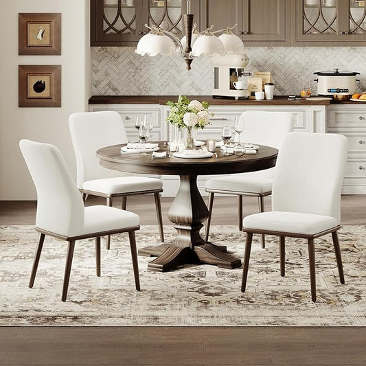 Modern Dining Chairs Set of 4, Upholstered Kitchen Chairs with High Back, Padded Fabric Dining Room Chair with Solid Wood Legs for Restaurant/Cafe/Home, Beige