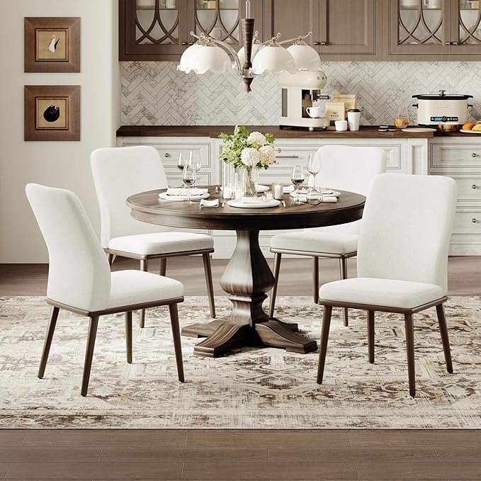 Upholstered Dining Chairs Set of 2, Modern Kitchen Chairs with High Back, Padded Fabric Dining Room Chair with Solid Wood Legs for Restaurant/Cafe/Home, Beige