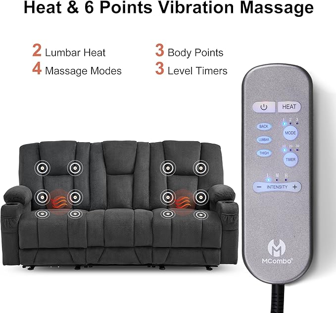 MCombo Zero Gravity 3 Seater Power Reclining Sofa, Heat and Vibration Massage, Recliner Couch for Living Room, Fabric 6035SET (Grey, 3 Seater)