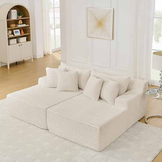 Fluffy Corduroy Double Chaise Lounge Daybed 83-Inch Oversized Loveseat Sleeper Sofa Bed,Boneless Love Seat Recliner Sleeper Couch Full Foam Floor Cloud Sofa Chaise W/6 Pillows for Living Room Bedroom