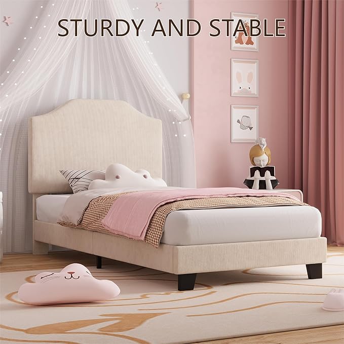 Twin Size Velvet Bed Frame, Corduroy Upholstered Twin Bed Frames Platform with Adjustable Headboard, Cute Velvet Twin Bed, Strong Wooden Slats, No Box Spring Needed, Noise Free, Easy Assembly, Beige