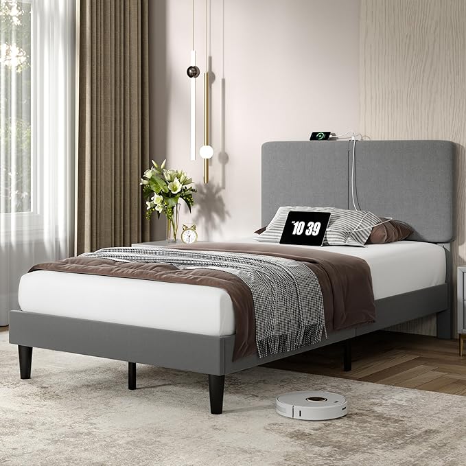 VECELO Twin Bed Frame with Type-C & USB Ports,Upholstered Platform Height-Adjustable Cotton and Linen Headboard,No Box Spring Needed, Noise-Free, Easy Assembly, Dark Grey
