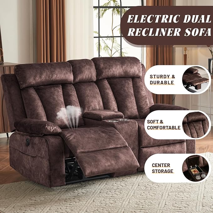 Power Reclining Loveseat with Console, Loveseat Recliner Sofa with Massage & Heat, Perfect Electric Couch for Living Room (Brown)