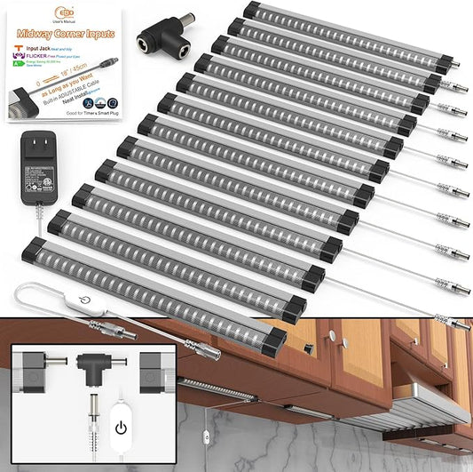 EBD LED Under Cabinet Lights Hardwired Built-in Adjustable Cable 12 Pcs Midway Input Under Counter Lights for Kitchen Sink Light 6500K 5400 Lm Super Bright for Closet Shelves Shelf Locker & Bookcase