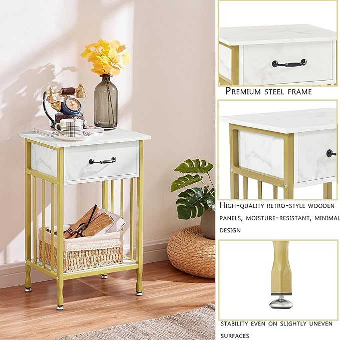 VECELO Night Stand Set 2 with Drawer and Storage Shelf,15.7x11.8x23.6 inches Bedside Table End Table,Wood Nightstands for Bedroom, Living Room,Sofa,Gold+White,2 Sets