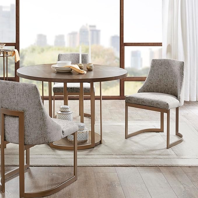 Madison Park Bryce Parsons Upholstered Accent Dining Chairs Set of 2, Padded Seat with Cushion, Antique Gold Metal Frame Back and Sled Leg, Contemporary Modern Chic for Kitchen, Grey