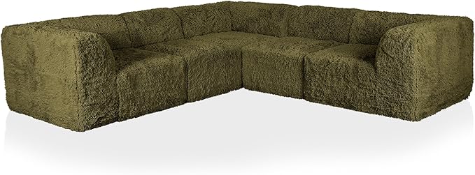 Furniture of America Havyn Modern Faux Fur 5-Seater L-Shaped Modular Foam Sectional Sofa, Compressed Couch in a Box, No Assembly Required, for Living Room and Office, Olive Green