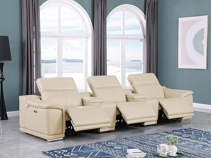 Blackjack Furniture Venice Top Grain Italian Leather Power Recline 5 Piece Sofa - 134" Theater Seating Modern Couch for Living Room Apartment Lounge Home with Adjustable Headrests & USB Port, Beige