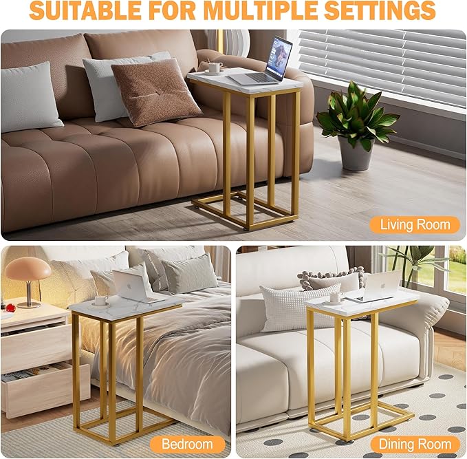 VECELO Universal C-Shaped Side Table, Multi-Functional Snack & TV Tray for Living Room, Bedroom, Gold (1 Set)