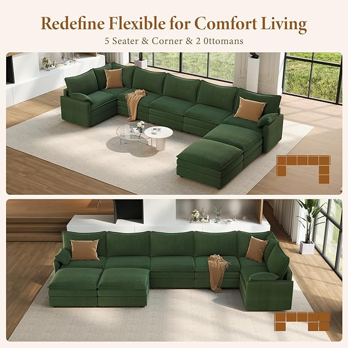 Vesgantti 142" Cloud Couch Sectional Modular Sofa, Comfy Sectional Couch with Ottoman Deep Seat Chenille L Shaped Sofa, Modular Couches for Living Room, Bedroom and Apartment, Beige | Sink-in Comfort, Height Adjustable, Easy Rearrangement, Extra-deep O...