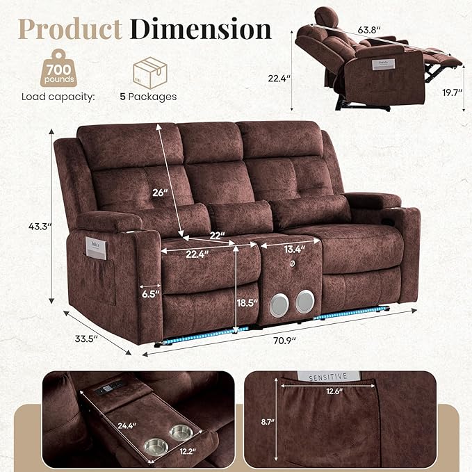 RV Power Loveseat Recliner Sofa with Console|RV Reclining Loveseat with Bluetooth Speaker & LED Light | RV Wall Hugger Double Recliner Loveseat Sofa 3 Pillows (Velvet Brown) | LED Light, Electric Tilt, Hidden Storage, Comfy Velvet