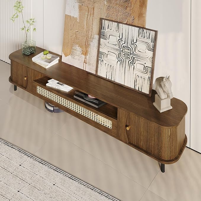 basenji 79" Fluted TV Stand with Sliding Doors & Rattan,Mid Century Modern Entertainment Center with Storage,Curved Edge Design,Media Console for TVs up to 85",TV Consoles for Living Room,Walnut