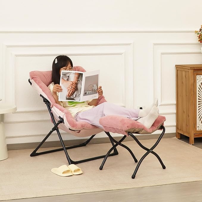 Comfy Saucer Chair for Adults, Soft Faux Fur Bedroom Chair, Accent Dorm Chairs, Flexible Living Room Reading Chairs, Oversized Folding Seat for Teens, X-Large, Dusky Pink