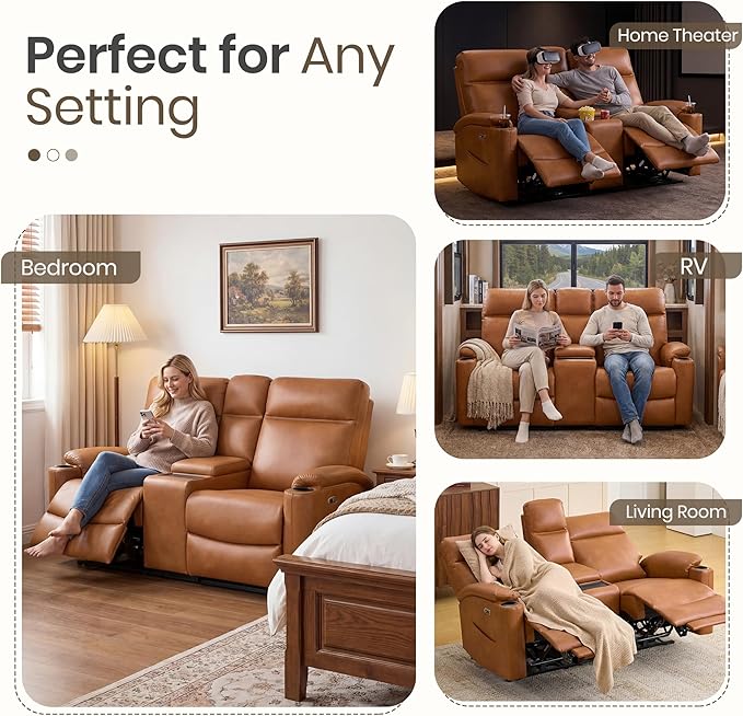 Power Recliner Loveseat, Electric Reclining Sofa with Wireless Charger, Wall Hugger Loveseat Recliner with Extended Footrest, 2-Seater Couch for Living Room, RV & Office (Brown)