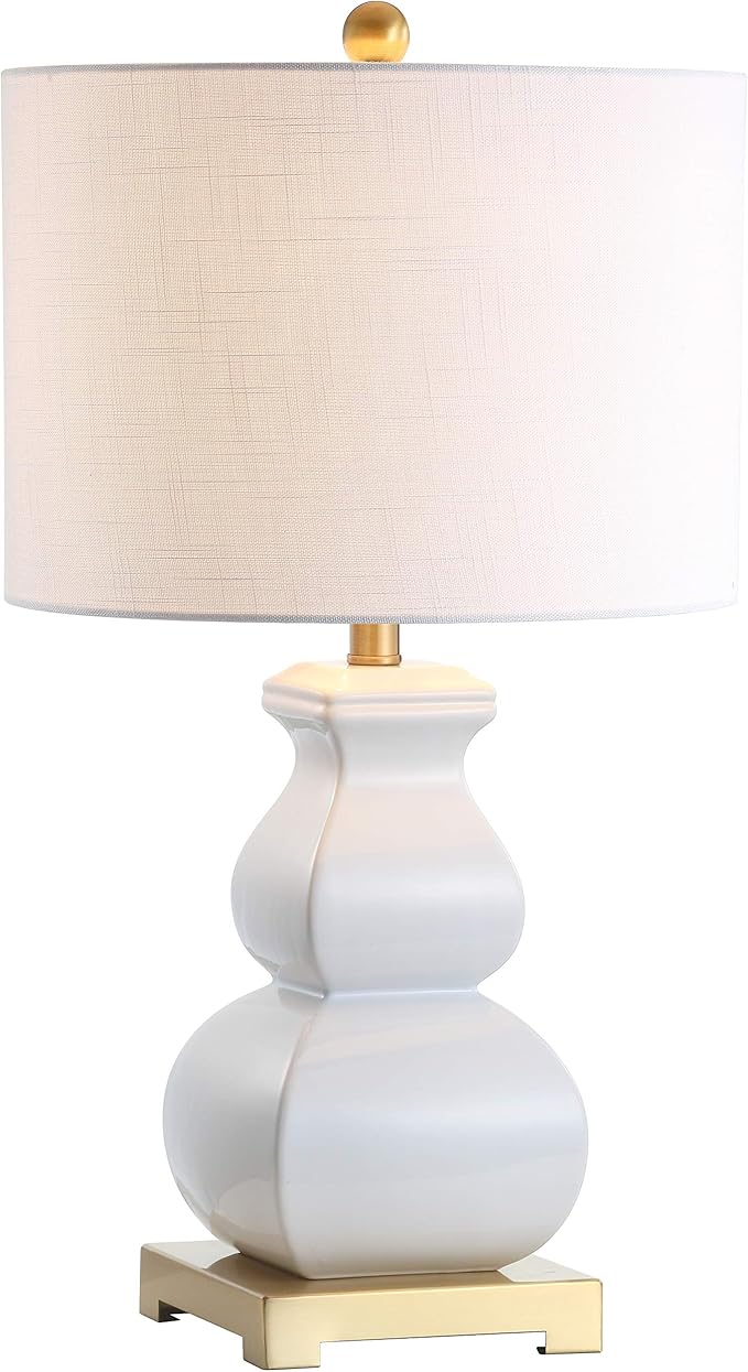 JONATHAN Y 25.5" White/Gold Ceramic Table Lamp for Living Room Bedroom, White Linen Shade, Modern Footed Vase Bedside Lamp, LED Bulb Included, UL Listed (JYL3049B)