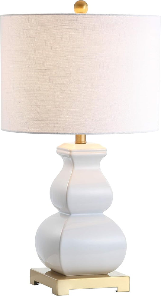 JONATHAN Y 25.5" White/Gold Ceramic Table Lamp for Living Room Bedroom, White Linen Shade, Modern Footed Vase Bedside Lamp, LED Bulb Included, UL Listed (JYL3049B)