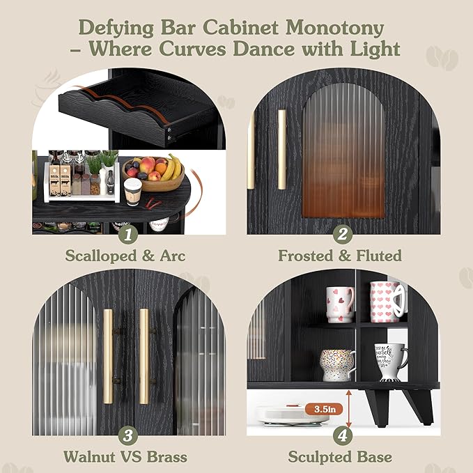 VINAEMO Coffee Bar Cabinet with 24-Cup Display, Large Drawer & Storage,Modern Buffet Sideboard for Kitchen, Medium Wooden Bar Station for Apartment，Black