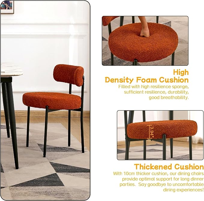 EDWELL Orange Dining Chairs Set of 4, Mid-Century Modern Dining Room Chairs with Thick Cushion, Round Upholstered Boucle Chairs for Kitchen, Living Room, Armless Kitchen Chairs with Black Metal Legs