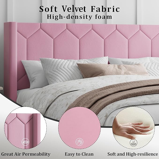 Queen Size Bed Frame with Velvet Upholstered Headboard, Platform Bed Frame No Box Spring Needed, Modern Bedframe with Strong Wooden Slats, Pink