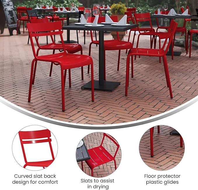 Flash Furniture Nash Commercial Grade Steel Stack Chair, Indoor-Outdoor Armless Chair with 2 Slat Back, Set of 2, Red