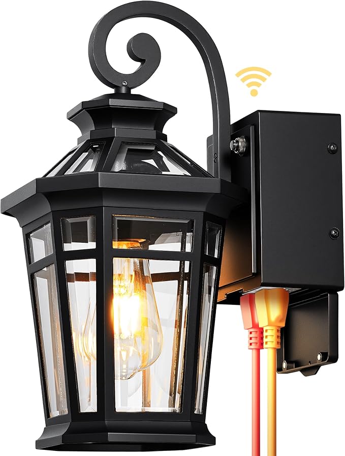 Porch Light with GFCI Outlet, Black Dawn to Dusk Outdoor Light Fixture with Outlet, Exterior Wall Lights with Beveled Glass, Anti-Rust Front Door Lights Wall Mount, Garage Outdoor Lighting, E26