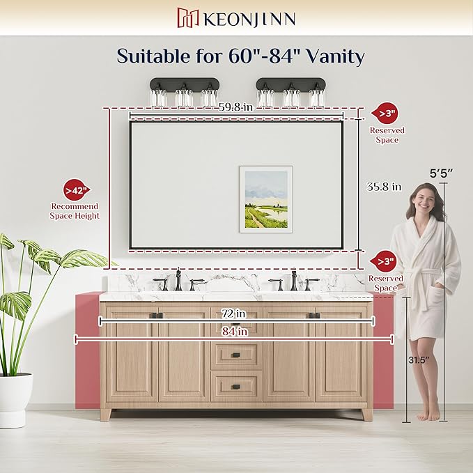 Keonjinn 60 x 36 Inch Brushed Nickel Bathroom Mirrors for Over Sink, Beveled Rectangle Framed Mirrors for Wall, Farmhouse Large Bathroom Vanity Mirror, Tempered Glass, Square Corner