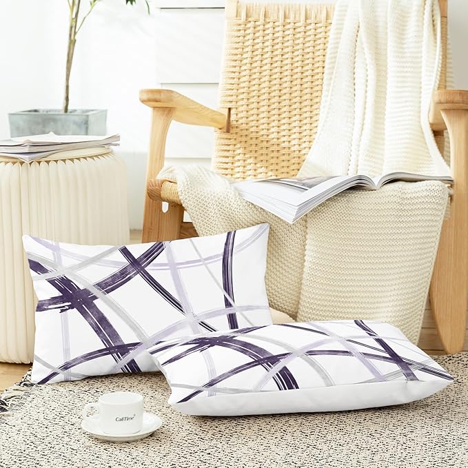 CaliTime Throw Pillow Cases Pack of 2 Cozy Fleece Arc-Shaped Abstract Geometric Lines Decorative Cushion Covers for Couch Bed Sofa Farmhouse Decoration 12 X 20 Inches Deep Purple Grey