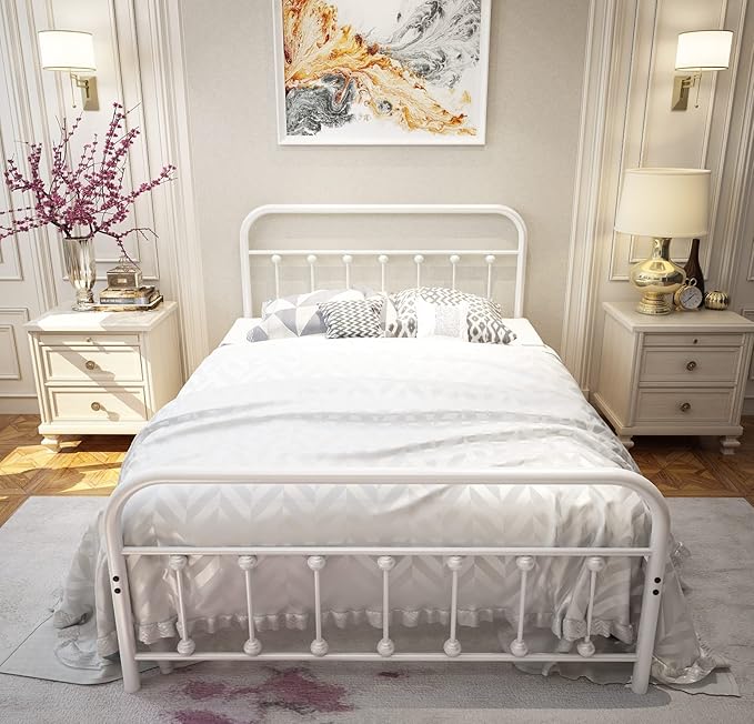NEEBIRGELIA White Metal Bed Frame Full Size with Headboard and Footboard Single Platform Mattress Base,Metal Tube and Iron-Art Bed (Full, White)