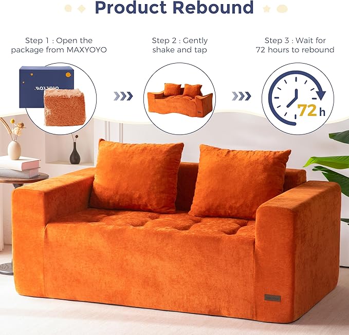 MAXYOYO Modular Sofa Couch, 61" Loveseat Boneless Cloud Couch with Deep Seat, Chenille Upholstered Living Room Sleeper Sofa Chair for Living Room, No Assembly Required, Orange