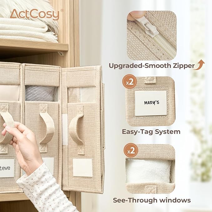 Sheet Organizers and Storage with Handles – Foldable Linen Closet Storage for King & Queen Sheet Sets – Clear Window & Removable Labels – Dustproof & Space-Saving Design, 8 Pack, Beige