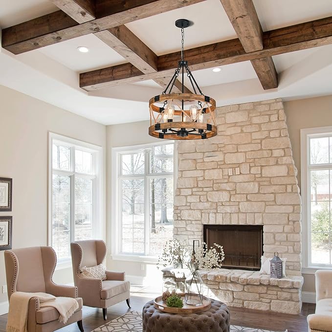 Farmhouse Chandeliers for Dining Room, 19.7” Rustic Chandelier, Round Hanging Light,5-Light Chandelier, Wood Chandelier Modern Chandelierr for Kitchen Living Room Foyer Entryway