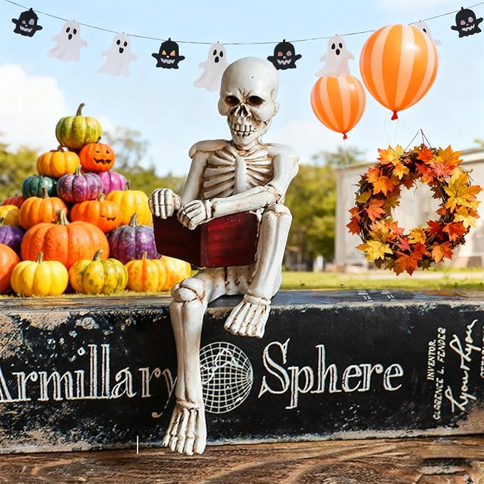 Modern Reading Figurine Decor Office, Human Skeleton Decor Library Resin Abstract Reading, Christmas Decorations Indoor Halloween for Graveyard, Thinker Style for Office Shelf Desktop