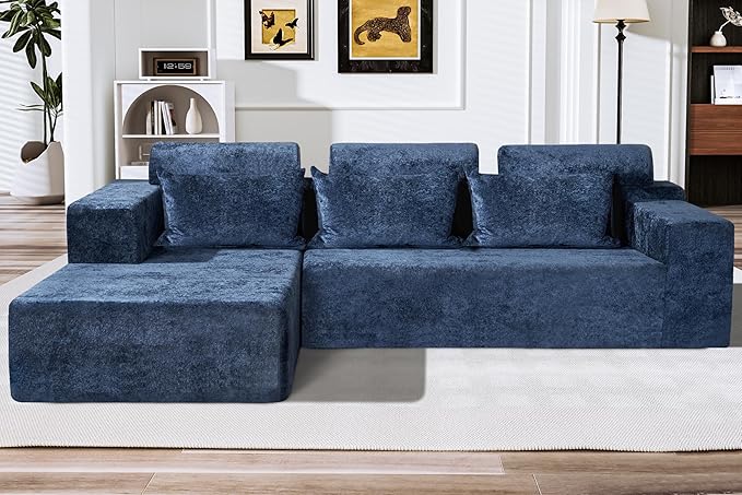 HABUTWAY 105" L-Shape Modular Sectional Sofa Couch for Living Room,No Assembly Required,Modular Comfy Sofa with Deep Seat for Living Room Bedroom,Luxury Distressed Velvet(Left,Blue)