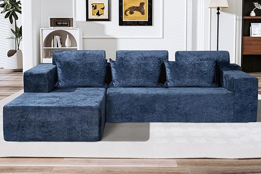 HABUTWAY 105" L-Shape Modular Sectional Sofa Couch for Living Room,No Assembly Required,Modular Comfy Sofa with Deep Seat for Living Room Bedroom,Luxury Distressed Velvet(Left,Blue)