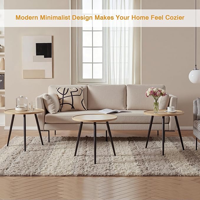 VECELO Modern Side Table, Round Small End Table, Exclusively Designed Hand-Crafted Small Nightstand, Solid Wood,Oak top with Black Metal Legsfor Bedrooms, Living Rooms and Home Office