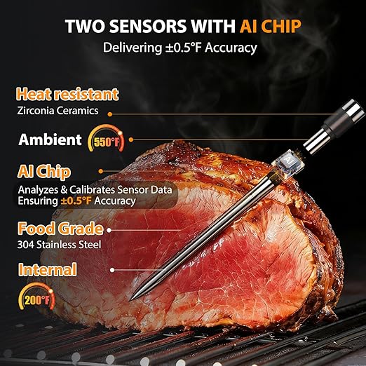 AI Smart Wireless Meat Thermometer, 10X Enhanced Signal and Stability, with 2 Probes High-Accuracy Sensors, Standalone Display Base, Instant Read LCD & App Control for Kitchen,BBQ,Oven,Grill,Air Fryer