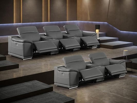 BlackJack Furniture Venice Top Grain Italian Leather Power Recline 8 Piece 5 Seater Sofa - 134" Theater Seating Modern Couch for Living Room Lounge with Adjustable Headrests & USB Port, Dark Grey