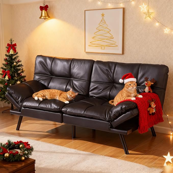 Opoiar Black Leather Futon Sofa Bed Convertible Memory Foam Couch Bed Futon Sets Folding Modern Sleeper Sofa Loveseat for Studio,Drom,Apartment,Game Room and Small Space