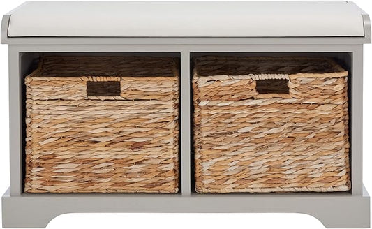SAFAVIEH Home Collection – Freddy Vintage Grey Storage Bench with Wicker Baskets & Cushion, Entryway Seating Bench, Fully Assembled (AMH5736F)