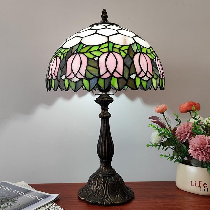Tiffany Table Lamp 3-Color Light Stained Glass Lamp Tiffany Style Vintage Beside Reading Lamp 12 inch Living Room Light Flowers Style Antique Nightstand Light (Pink Tulip)