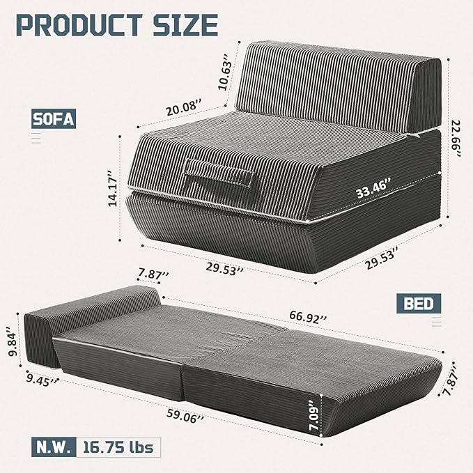 Trenda Folding Sofa Bed, 16lbs Convertible Sleeper Chair with Removable Back Pillow & Handle, Washable Cover Solid Foam Fold Out Chair Bed for Living Room, Apartment, Guest, Single, Dark Grey